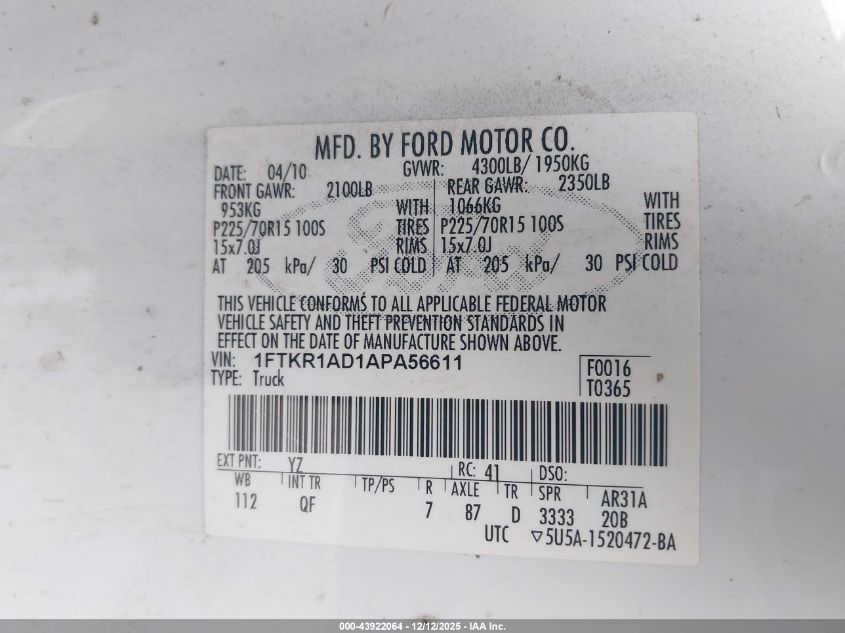 2010 Ford Ranger Xl/Xlt VIN: 1FTKR1AD1APA56611 Lot: 43922064