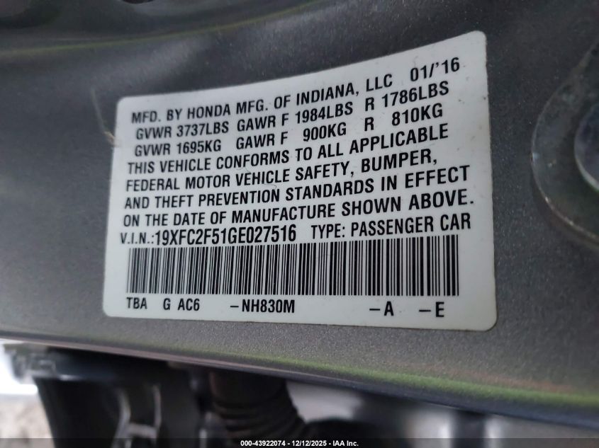 2016 Honda Civic Lx VIN: 19XFC2F51GE027516 Lot: 43922074