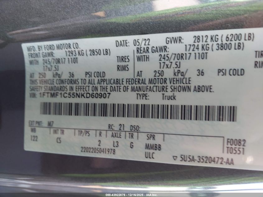 2022 Ford F-150 Xl VIN: 1FTMF1C55NKD60907 Lot: 43922076