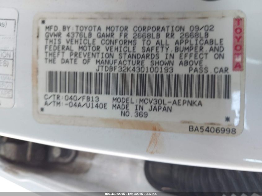 2003 Toyota Camry Le V6/Se V6/Xle/Xle V6 VIN: JTDBF32K430100193 Lot: 43922095