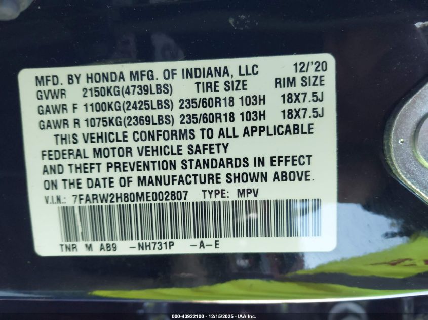 2021 Honda Cr-V Awd Ex-L VIN: 7FARW2H80ME002807 Lot: 43922100