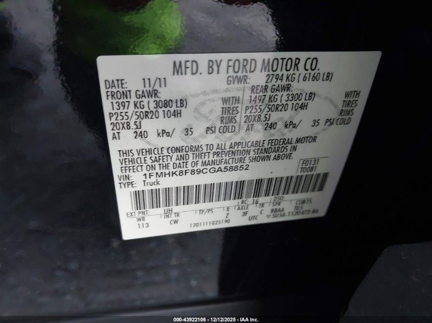 2012 Ford Explorer Limited VIN: 1FMHK8F89CGA58852 Lot: 43922106