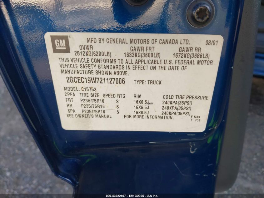 2002 Chevrolet Silverado 1500 VIN: 2GCEC19W721127006 Lot: 43922107