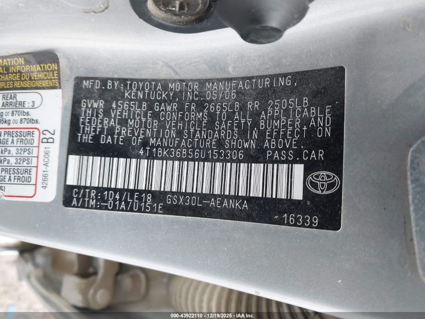 2006 Toyota Avalon Touring VIN: 4T1BK36B56U153306 Lot: 43922110