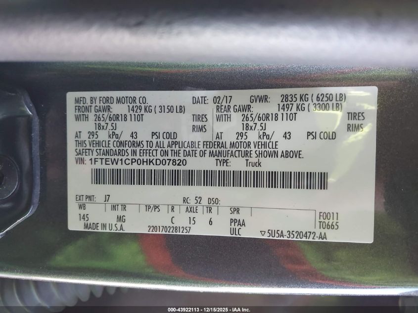 2017 Ford F-150 Xlt VIN: 1FTEW1CP0HKD07820 Lot: 43922113