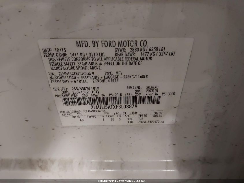 2015 Lincoln Mkt Ecoboost VIN: 2LMHJ5ATXFBL03879 Lot: 43922114