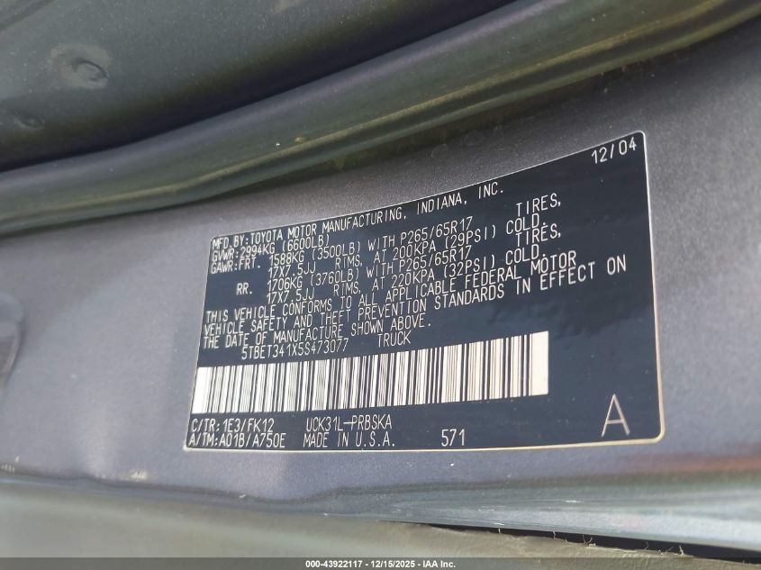 2005 Toyota Tundra Sr5 V8 VIN: 5TBET341X5S473077 Lot: 43922117