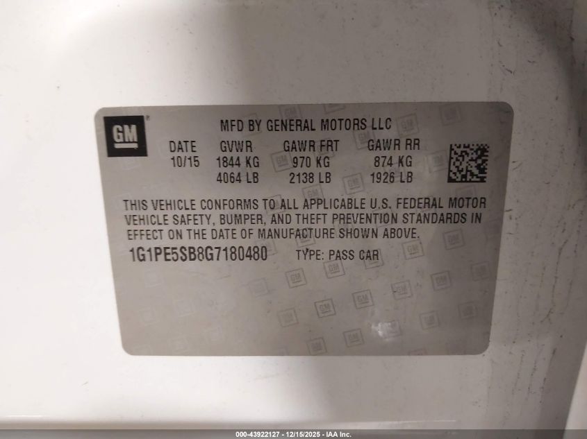 2016 Chevrolet Cruze Limited 1Lt Auto VIN: 1G1PE5SB8G7180480 Lot: 43922127