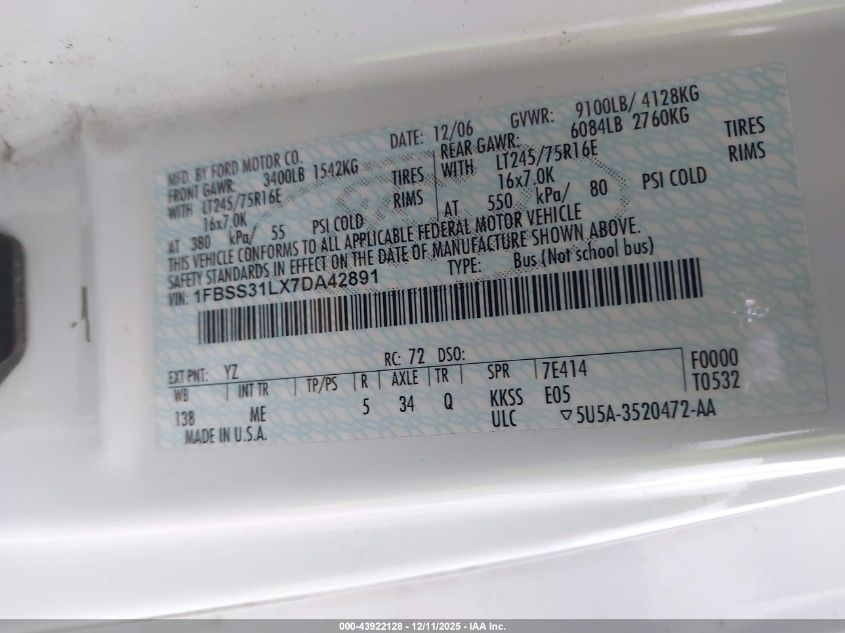 2007 Ford E-350 Super Duty Xl/Xlt VIN: 1FBSS31LX7DA42891 Lot: 43922128