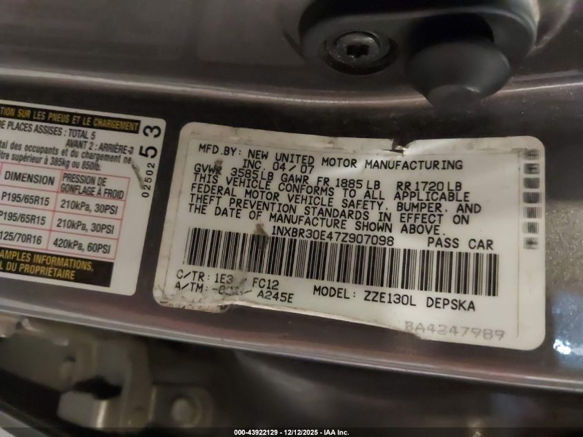 2007 Toyota Corolla S VIN: 1NXBR30E47Z907098 Lot: 43922129