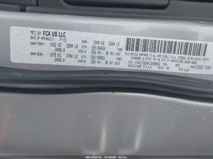 2015 Jeep Grand Cherokee Limited VIN: 1C4RJFBG4FC948863 Lot: 43922130