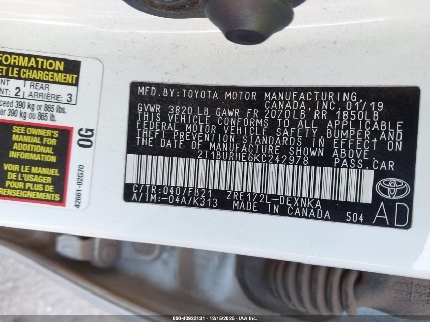 2019 Toyota Corolla Le VIN: 2T1BURHE6KC242978 Lot: 43922131