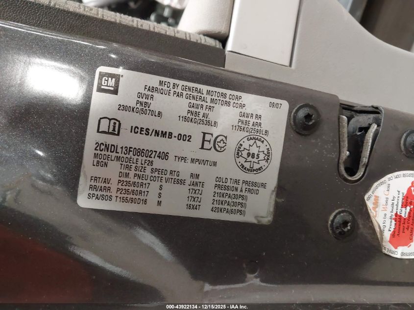 2008 Chevrolet Equinox Ls VIN: 2CNDL13F086027406 Lot: 43922134