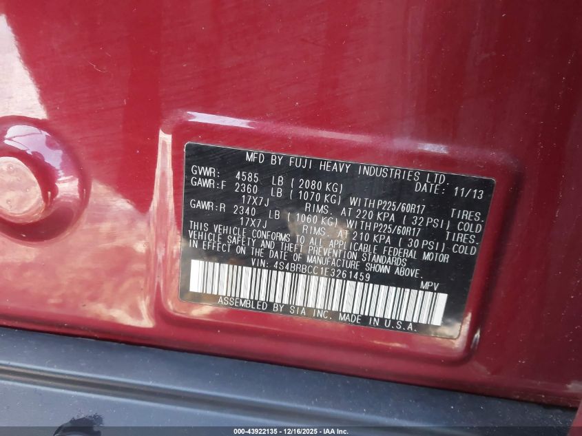 2014 Subaru Outback 2.5I Premium VIN: 4S4BRBCC1E3261459 Lot: 43922135