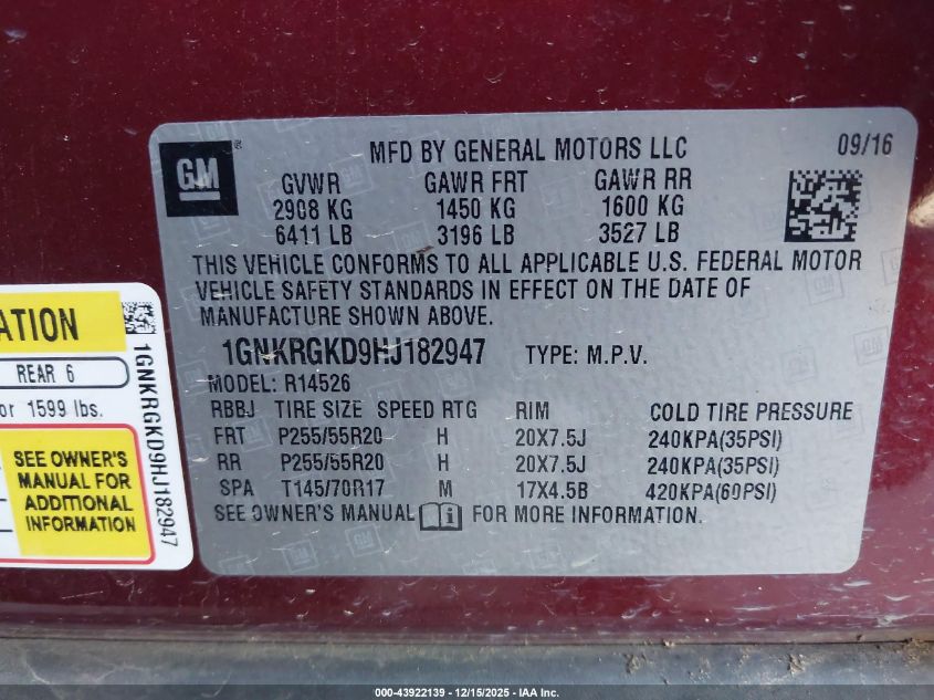 2017 Chevrolet Traverse 1Lt VIN: 1GNKRGKD9HJ182947 Lot: 43922139