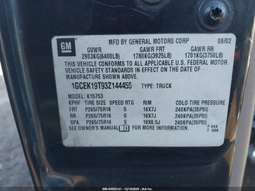 2003 Chevrolet Silverado 1500 Ls VIN: 1GCEK19T93Z144455 Lot: 43922141