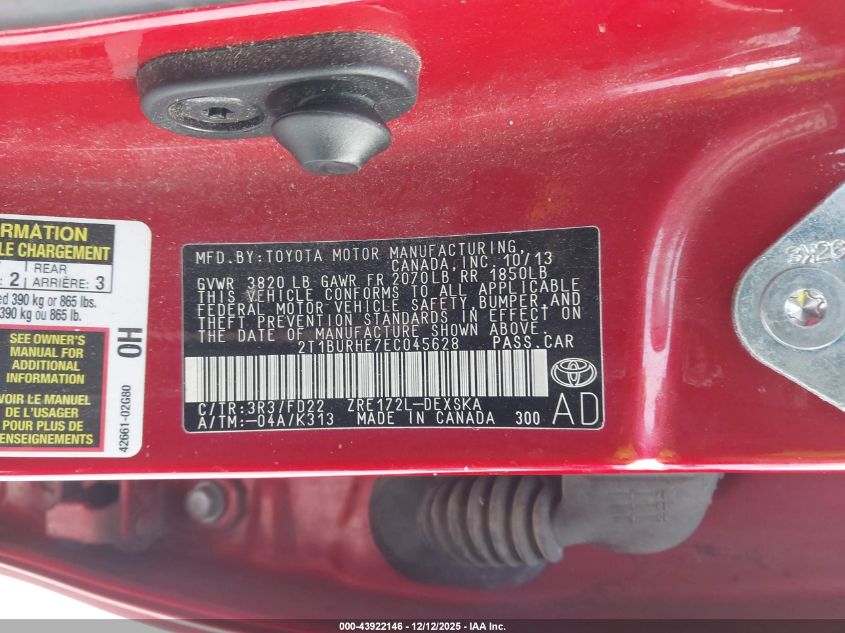 2014 Toyota Corolla S Plus VIN: 2T1BURHE7EC045628 Lot: 43922146