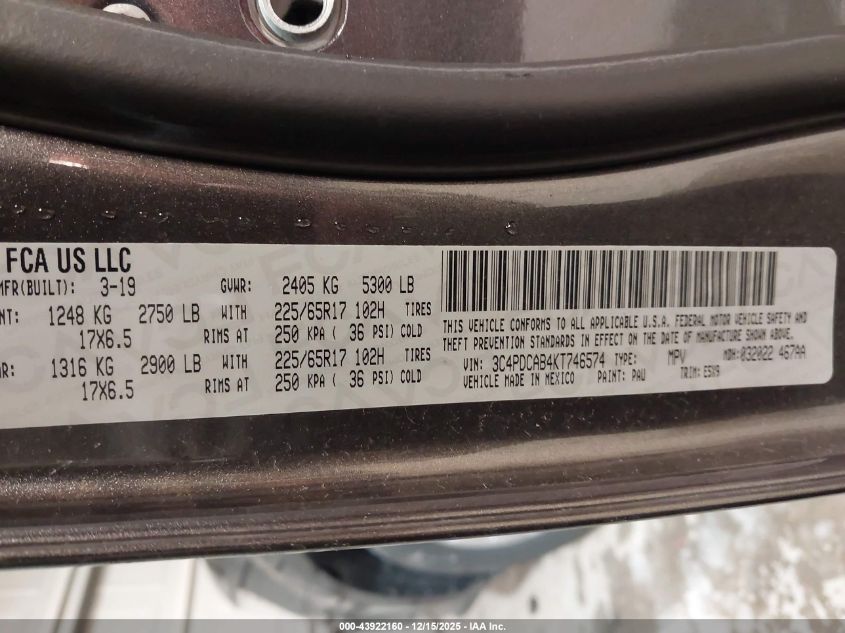 2019 Dodge Journey Se Value Package VIN: 3C4PDCAB4KT746574 Lot: 43922160