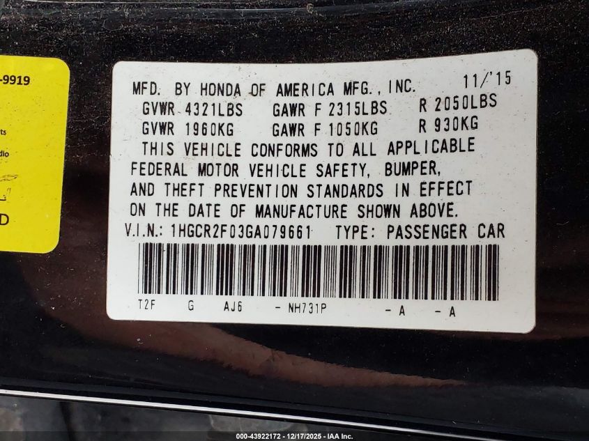 2016 Honda Accord Ex VIN: 1HGCR2F03GA079661 Lot: 43922172