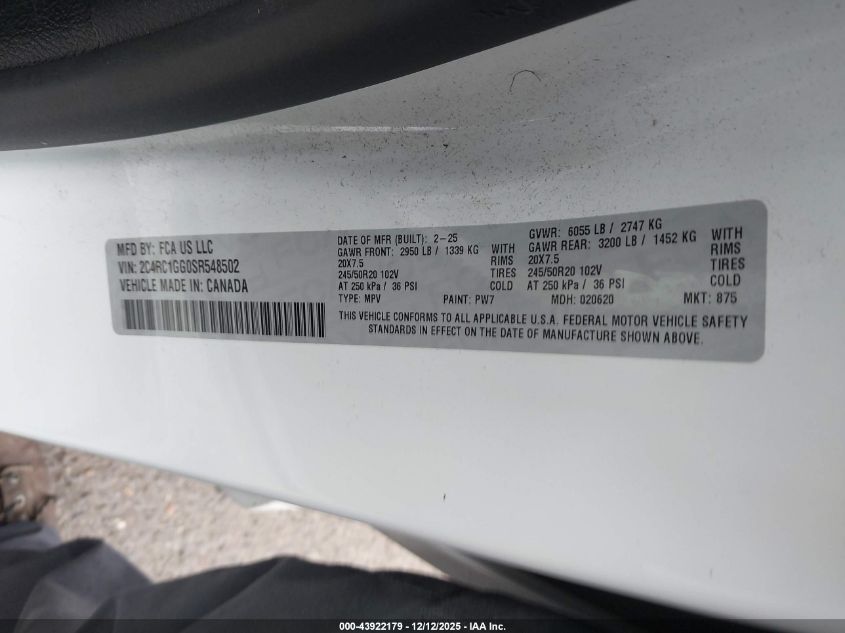 2025 Chrysler Pacifica Limited VIN: 2C4RC1GG0SR548502 Lot: 43922179