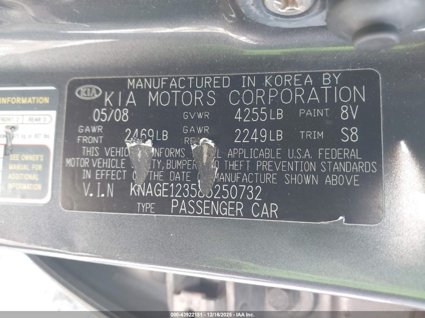 KNAGE123585250732 2008 KIA OPTIMA photo no. 9