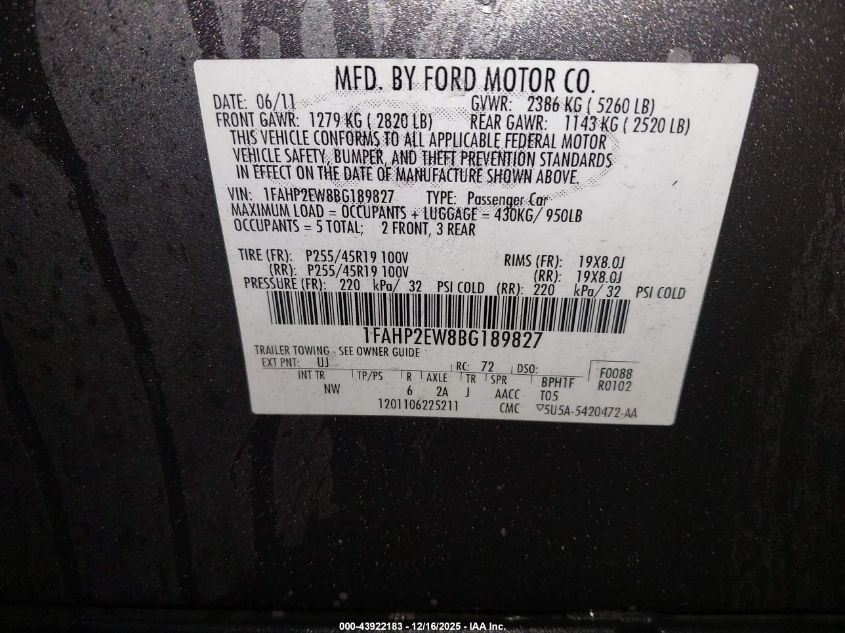 2011 Ford Taurus Sel VIN: 1FAHP2EW8BG189827 Lot: 43922183