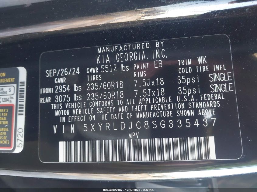 2025 Kia Sorento S VIN: 5XYRLDJC8SG335437 Lot: 43922187