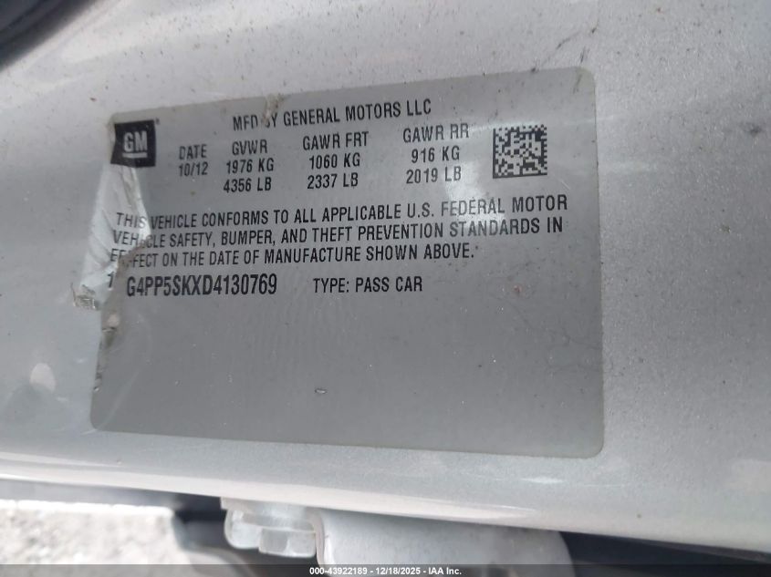 2013 Buick Verano VIN: 1G4PP5SKXD4130769 Lot: 43922189