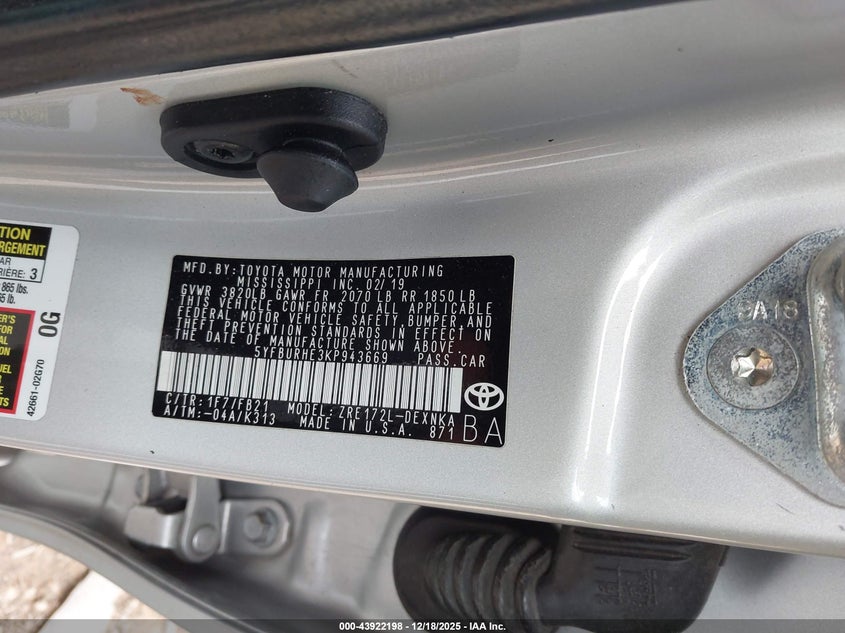 5YFBURHE3KP943669 2019 TOYOTA COROLLA photo no. 9