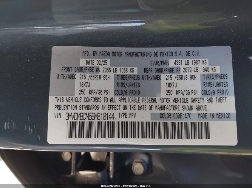 2025 Mazda Cx-30 2.5 S Carbon Edition VIN: 3MVDMBCM5SM818144 Lot: 43922200