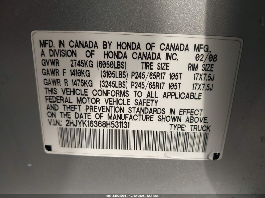 2008 Honda Ridgeline Rtx VIN: 2HJYK16368H531131 Lot: 43922201