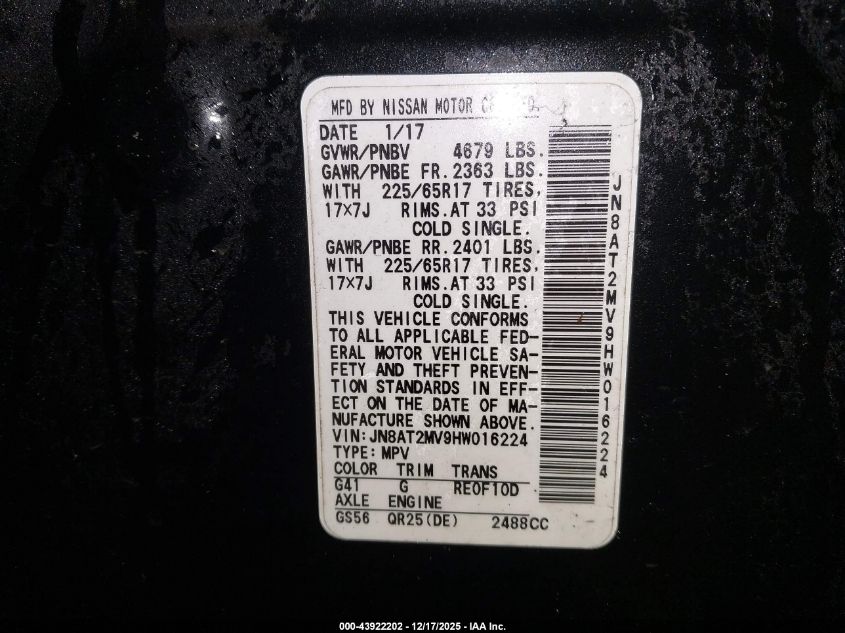 2017 Nissan Rogue Sv VIN: JN8AT2MV9HW016224 Lot: 43922202