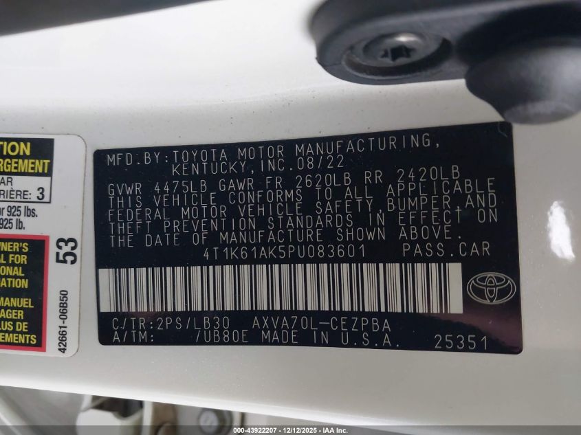 2023 Toyota Camry Xse VIN: 4T1K61AK5PU083601 Lot: 43922207