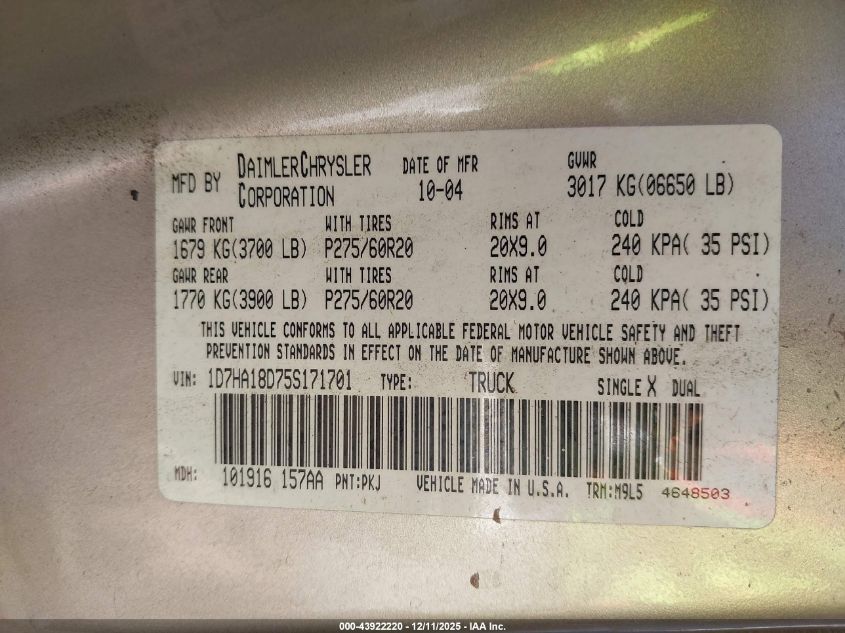 2005 Dodge Ram 1500 Slt/Laramie VIN: 1D7HA18D75S171701 Lot: 43922220