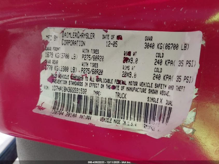 2006 Dodge Ram 1500 Slt VIN: 1D7HA18N36S591532 Lot: 43922223