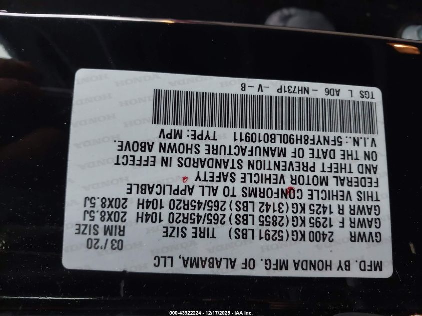 2020 Honda Passport Awd Touring VIN: 5FNYF8H90LB010911 Lot: 43922224