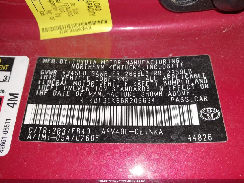 2011 Toyota Camry Le VIN: 4T4BF3EK6BR206634 Lot: 43922232