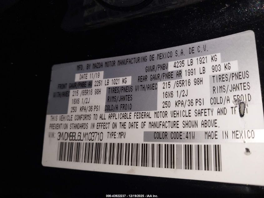 2020 Mazda Cx-30 VIN: 3MVDMBBL6LM103710 Lot: 43922237