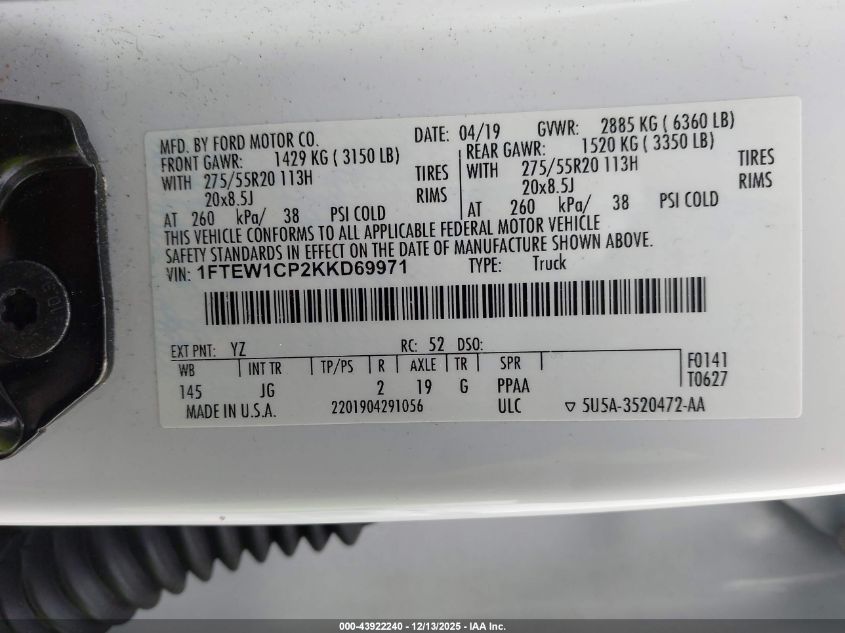 2019 Ford F-150 Xl VIN: 1FTEW1CP2KKD69971 Lot: 43922240