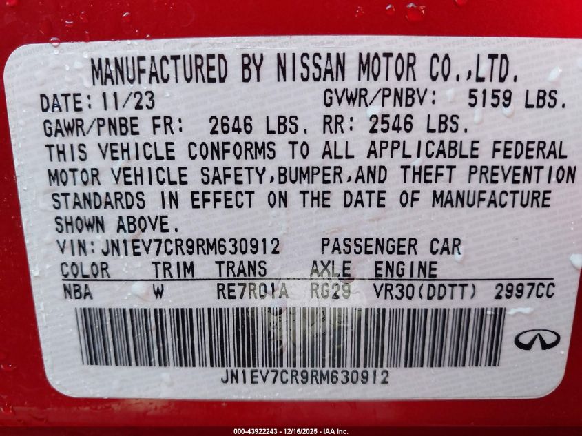 2024 Infiniti Q50 Sensory Awd VIN: JN1EV7CR9RM630912 Lot: 43922243