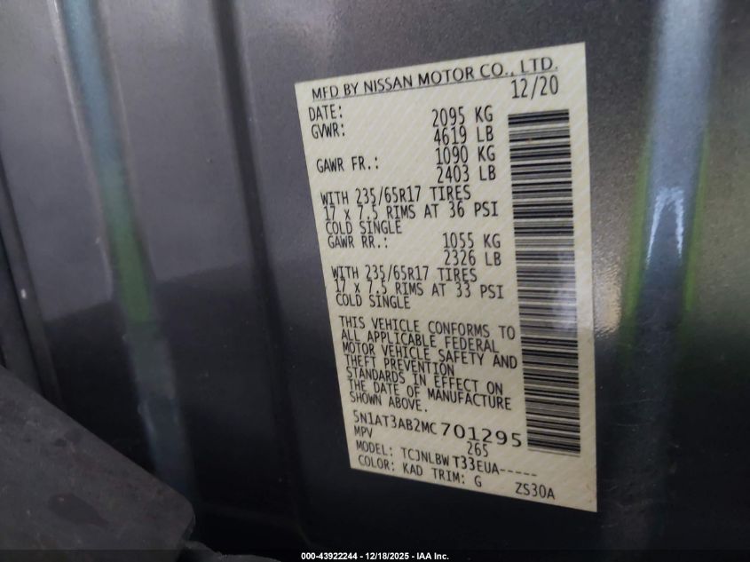 2021 Nissan Rogue S Intelligent Awd VIN: 5N1AT3AB2MC701295 Lot: 43922244