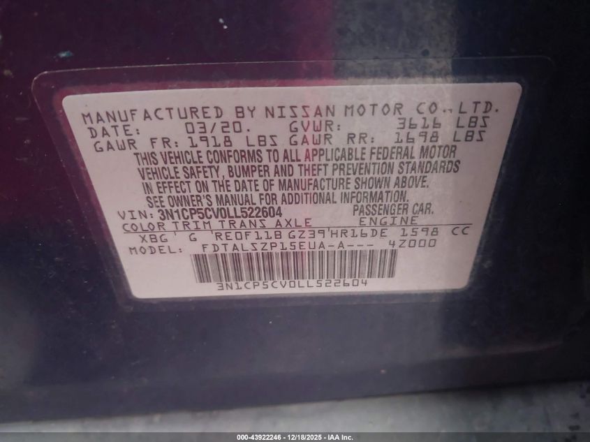 2020 Nissan Kicks Sv Xtronic Cvt VIN: 3N1CP5CV0LL522604 Lot: 43922246