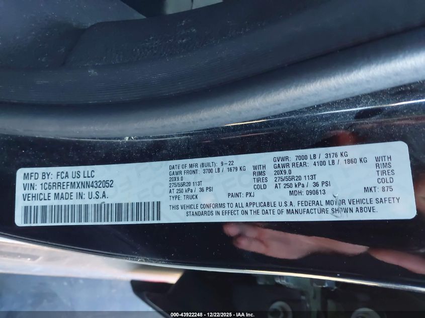 2022 Ram 1500 Big Horn 4X2 5'7 Box VIN: 1C6RREFMXNN432052 Lot: 43922248