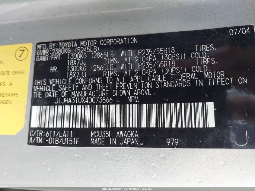 2004 Lexus Rx 330 VIN: JTJHA31UX40073866 Lot: 43922251