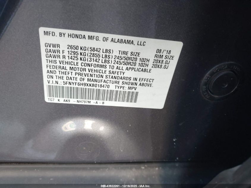 2019 Honda Pilot Touring VIN: 5FNYF6H9XKB018470 Lot: 43922261