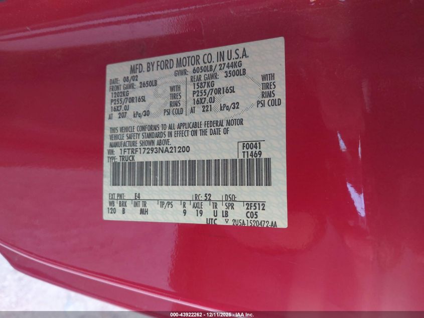 2003 Ford F-150 Xl/Xlt VIN: 1FTRF17293NA21200 Lot: 43922262