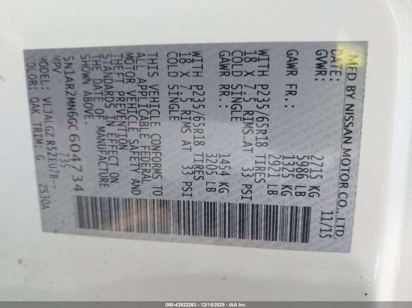 2016 Nissan Pathfinder Sl VIN: 5N1AR2MN6GC604734 Lot: 43922263