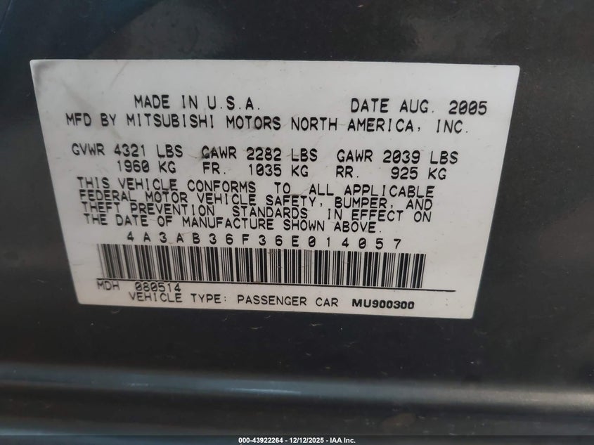 4A3AB36F36E014057 2006 MITSUBISHI GALANT photo no. 9