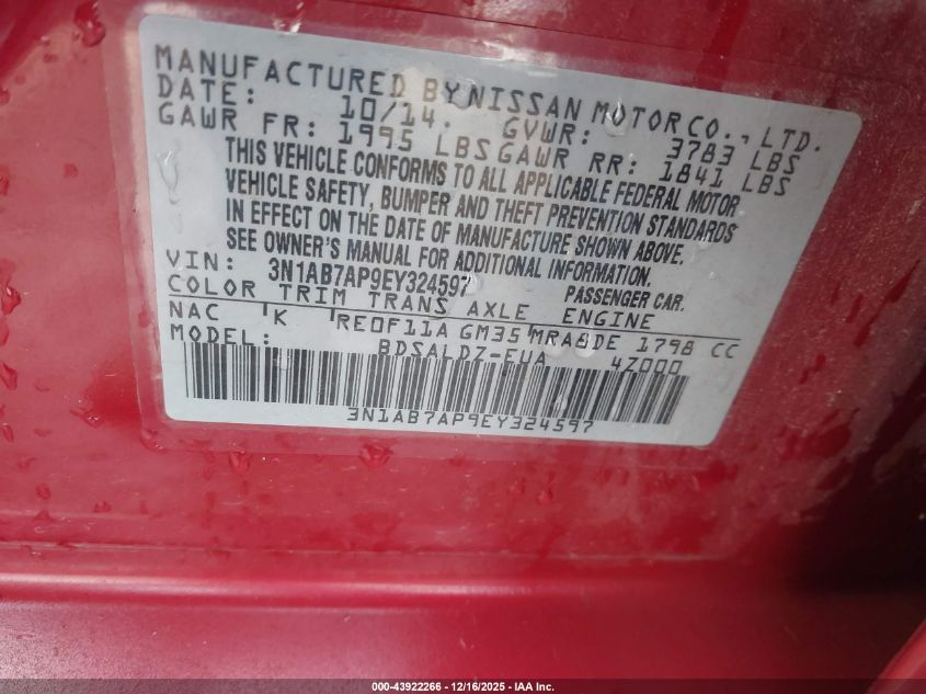 2014 Nissan Sentra Sv VIN: 3N1AB7AP9EY324597 Lot: 43922266