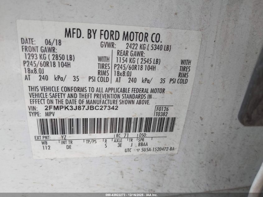 2018 Ford Edge Sel VIN: 2FMPK3J87JBC27342 Lot: 43922273